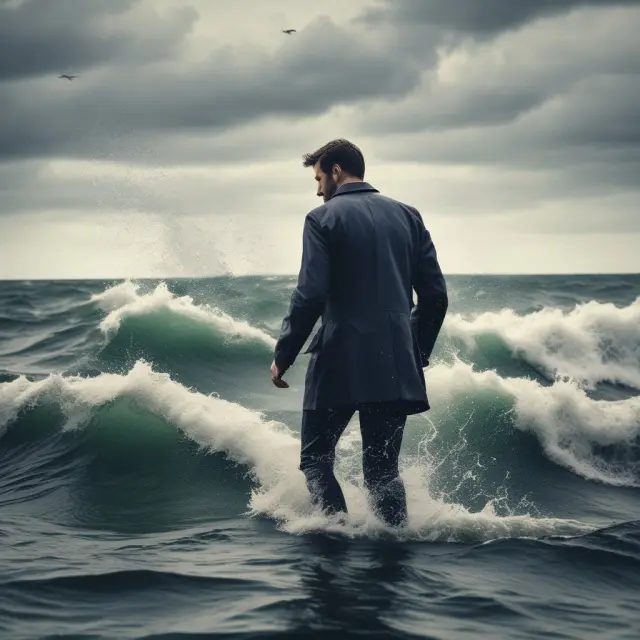An investor navigating a turbulent sea, contemplating potential dangers in short covering strategies.