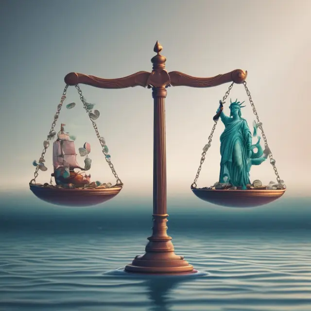 A scale balancing liquidity and growth in an ocean symbolizing short-term investments with labels for advantages and disadvantages.