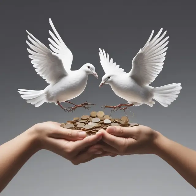 Two hands releasing doves representing time, one holding short-term investments (coins) and the other, long-term investments (diamonds)