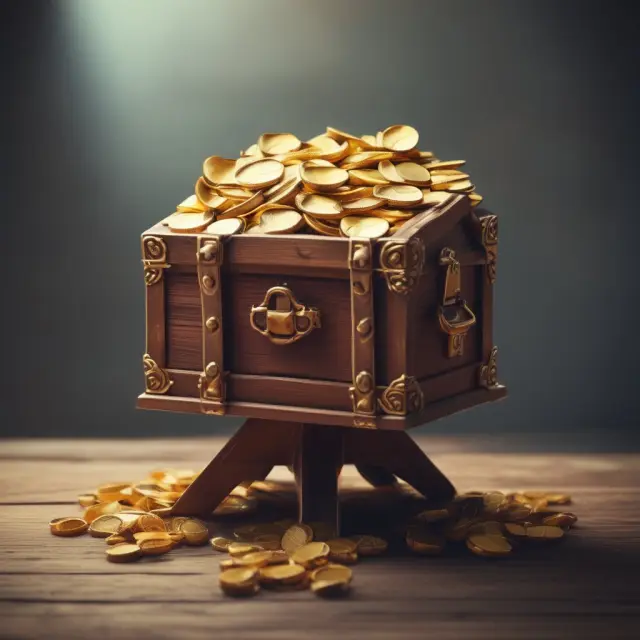 Golden treasure chest with coins on a seesaw - Short-term investment balance in a diversified portfolio