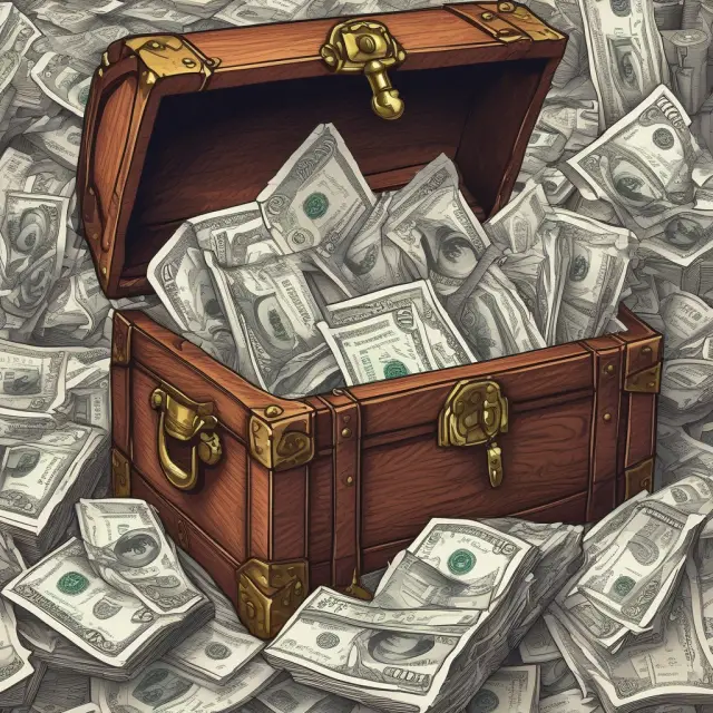 A treasure chest filled with an assortment of gold coins representing various short-term investment instruments: CDs, MMAs, HYSAs, government bonds, and T-Bills.