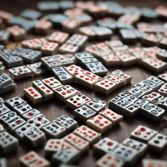 A cascade of toppling dominos symbolizes different types of financial shortfalls: a pension fund, credit card debt, and crop failure.