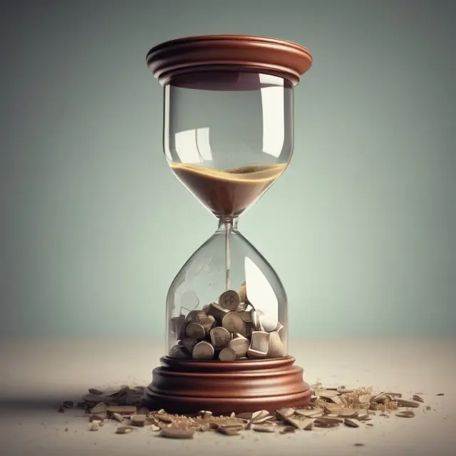 Broken hourglass leaking pension contributions, representing an underfunded pension system