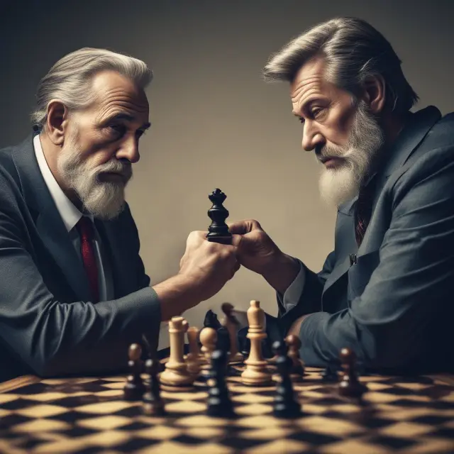 An investor in a chess game faces off against a stock market sorcerer, illustrating the balance of opportunities and warnings from high short interest.