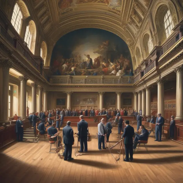 Artwork of investors gathered in a grand hall, with a see-saw symbolizing short interest balancing the bulls and bears.