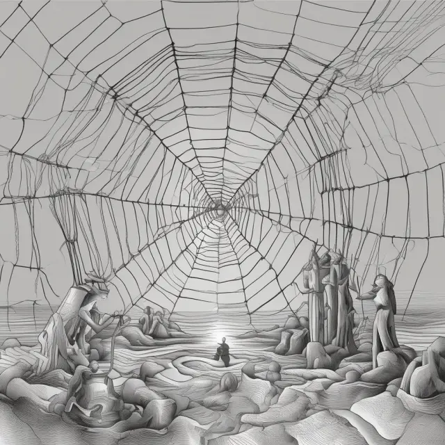 An image of short sellers weaving a complex web with threads symbolizing the number of borrowed shares and average daily trading volumes to represent Short Interest Ratio