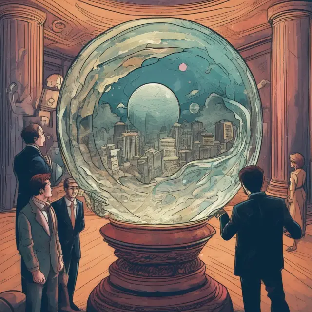 Institutional investors analyzing short interest ratios using a crystal ball filled with swirling financial data. High ratios indicated by numerous red dots, low ratios represented by fewer blue dots.