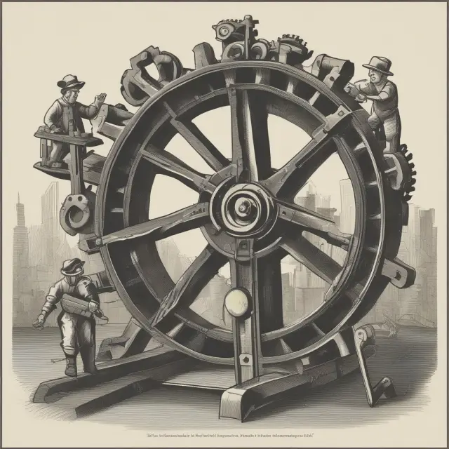 Image of a bustling factory floor where workers balance on a see-saw to represent capacity utilization, with gears in the background symbolizing labor management
