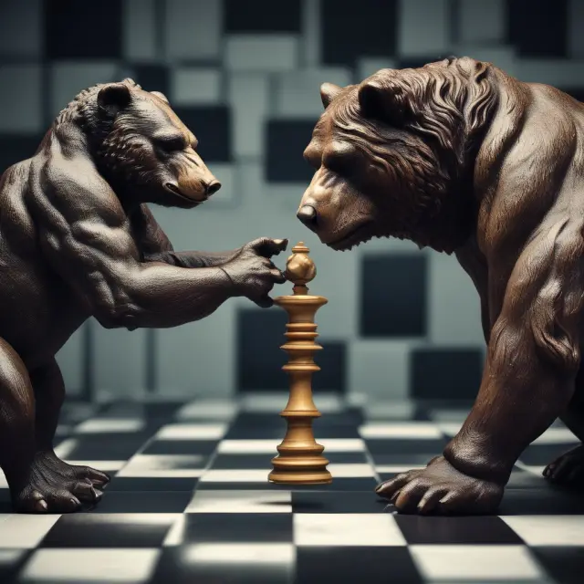 Bear short-seller strategizes against bull investor on a chessboard, with an hourglass representing market risks and time