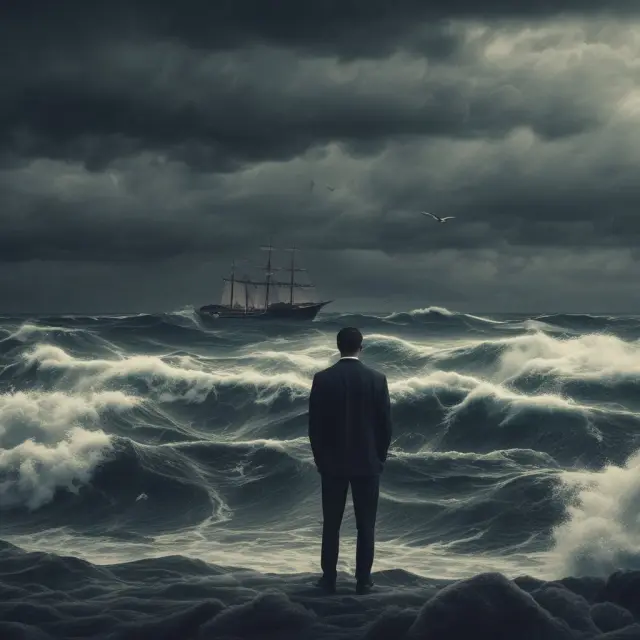 A short seller scanning the financial markets for opportunities amidst turbulent waters, using fundamental and technical analysis to time their trades