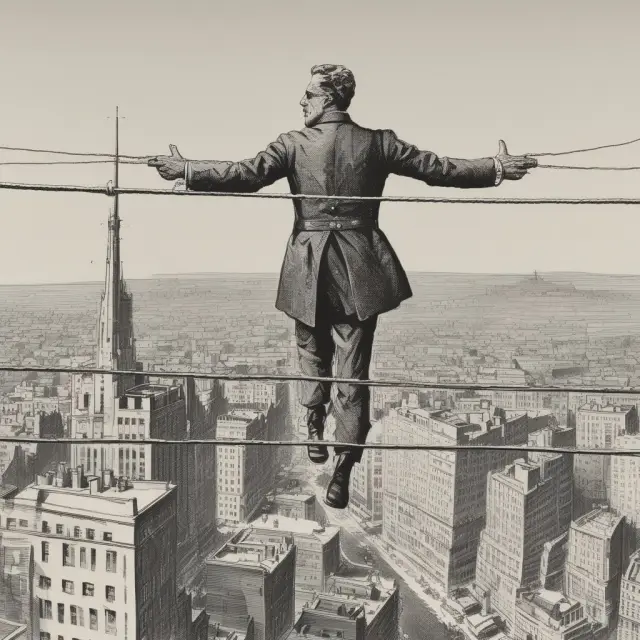 A short seller balances on a tightrope between market volatility and regulatory risks, emphasizing the challenges of timing and expertise required for successful short selling