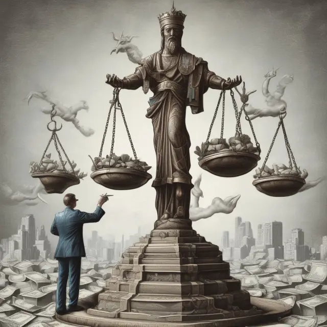 Short sellers balancing market forces: Two hands symbolizing short sellers poised above a scale, one hand representing long buyers, the other hand controlling the volatile price swings