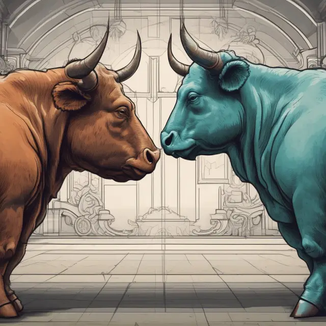 A bull and a bear face off on a financial platform, symbolizing ethical considerations in short selling. Transparent scales balance potential consequences.
