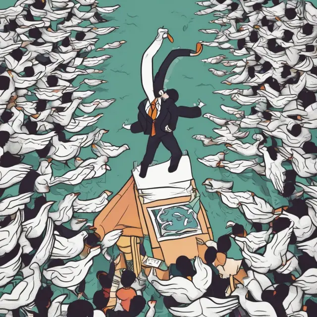 An image of a market swan dive with a figure in a top hat and tails selling securities below the waterline