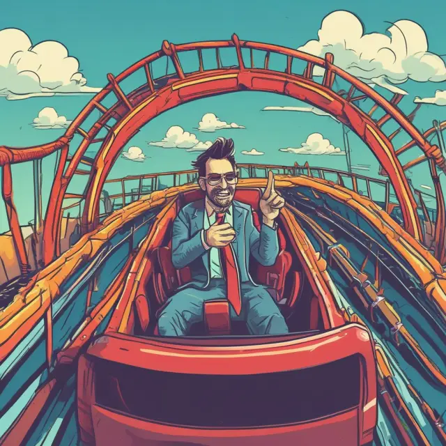 A contrarian investor confidently rides a rollercoaster through a chaotic market, outpacing short sellers during a sudden stock price surge.