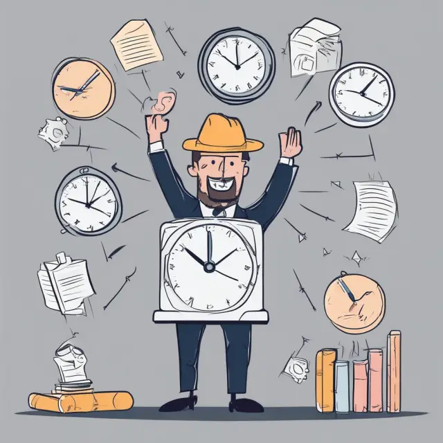 Juggler managing quick ratio with tax forms, accounts payable, and a clock