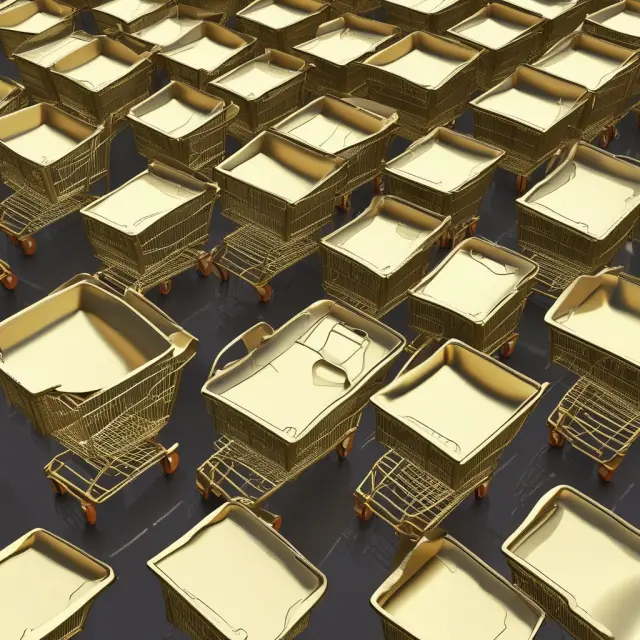 A golden scale tips towards a pile of shopping carts, representing the impact of retail shrinkage on inventory levels and profits