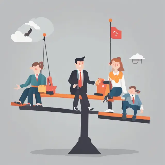 Employees, shoplifters, vendors, and cashiers on a seesaw representing employee theft, shoplifting, vendor fraud, cashier errors as causes of inventory shrinkage