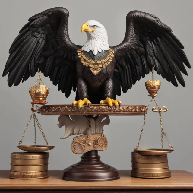 Eagle keeping watch over balanced scales of inventory, representing fair employment practices and preventing theft.