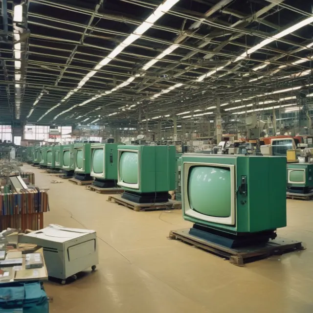 Factory scene with CRT TVs on the production line; the owner ponders, surrounded by flat screens and a balance scale