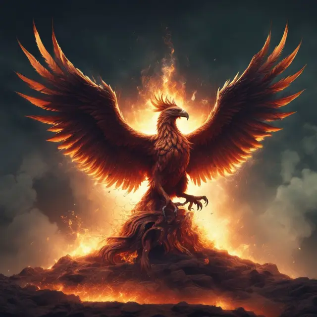 A mythical phoenix rising from a pile of financial papers, illustrating companies