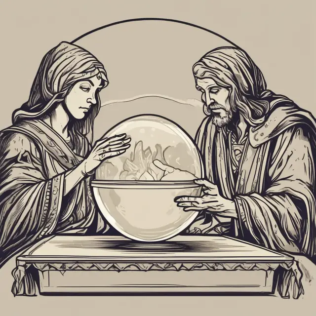 A mystical scene of an ancient fortune teller consulting a crystal ball, with two sides representing unsecured (signature) and secured loans.