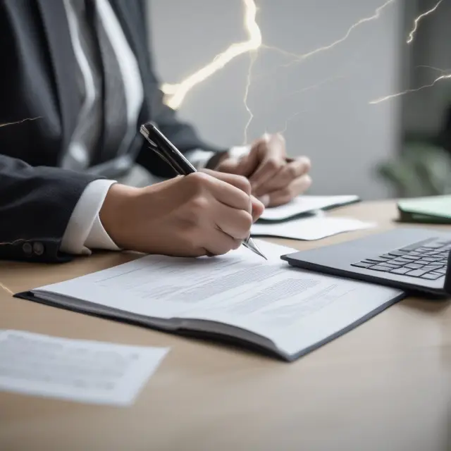 A person signing a loan agreement accompanied by lightning bolts representing fast approval and funding for a signature loan