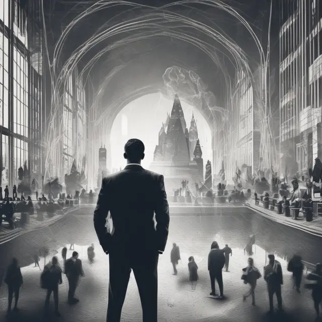 A silent partner, represented as an observer, watches over a busy business environment through a translucent veil