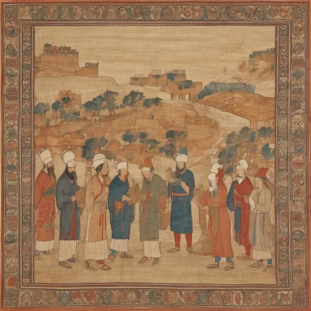 An image of ancient silk road traders exchanging goods and ideas on a vibrant marketplace, symbolizing the connection between Eastern Asia, Europe, and the Middle East