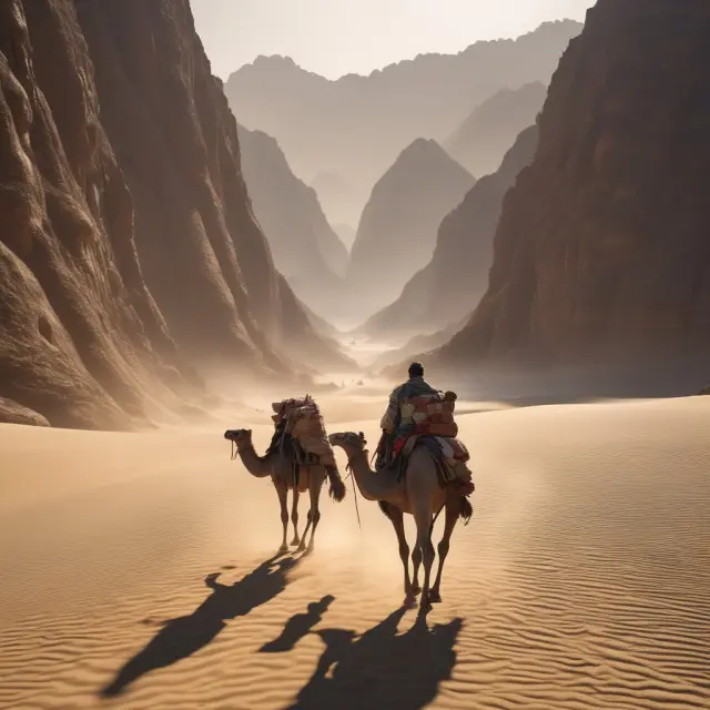 An explorer on a camel rides through a desert with a caravan, symbolizing the Silk Route