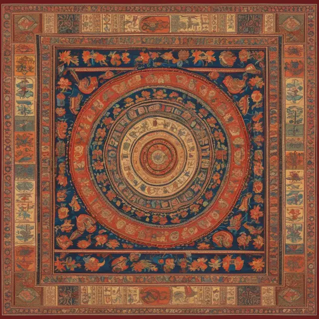 An intricate and colorful tapestry illustrating the exchange of valuable commodities like silk, paper, gunpowder, spices, and more along the Silk Route