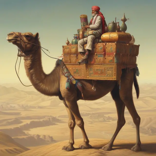 Merchant on camel carrying a chest filled with artistic influences, scientific discoveries, and technological advancements along the ancient Silk Route