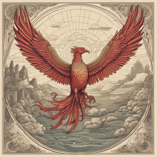 Phoenix rising from ancient maps and railway tracks, symbolizing the transformative power of One Belt, One Road (OBOR) initiative