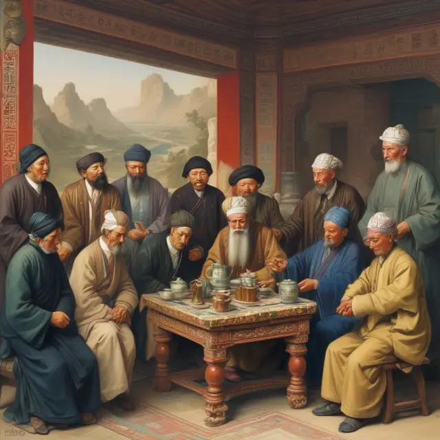 An ancient merchant sitting at a teapot-shaped junction meets modern Chinese diplomats, representing the continuation of trade and diplomatic relations between the East and West