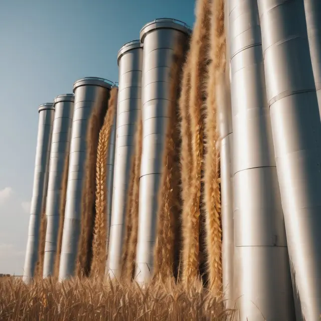 Golden wheat spikes sprouting from a silo, representing departments competing within an organization