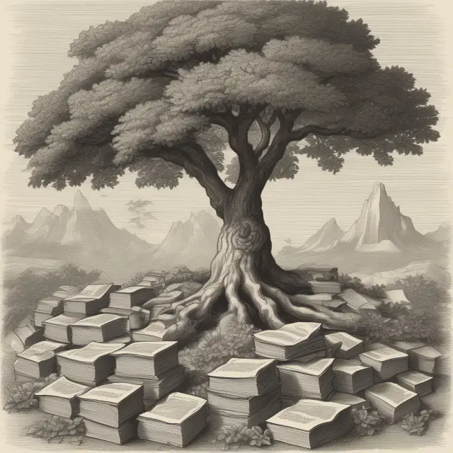 An ancient tree laden with tokens grows among piles of legal papers, representing the development and ongoing importance of SAFTs