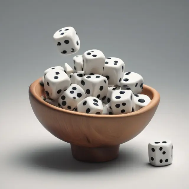 A dice tumbling in a bowl symbolizes equal chances during simple random sampling