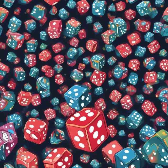 Dice representing data points in a random sample tumble within a colorful kaleidoscope, highlighting the unbiased nature of simple random sampling.
