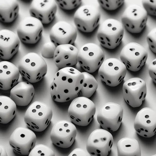 A hand rolls dice to select stocks for a balanced investment portfolio, symbolizing simple random sampling in finance.