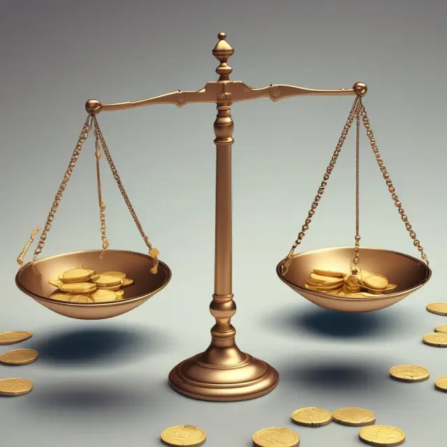 Gold scales illustrating simple interest on one side with mathematical symbols and simple interest formula versus compound interest symbols and compound interest formula on the other.