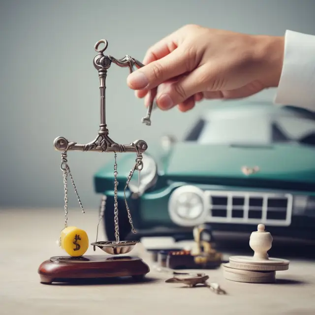 Person weighing car loan represented by car key against simple interest calculation on a balance scale