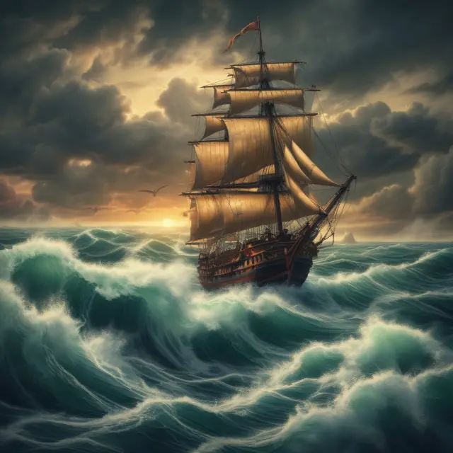 Ship carrying redemption bonds navigating turbulent waters towards a golden lighthouse representing a well-managed sinking fund ensuring bond repayment
