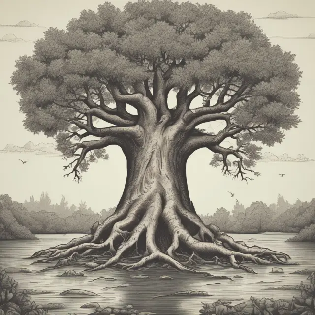 Ancient trees symbolizing companies with debt obligations; sinking funds represented by intertwined roots ensuring a steady flow of cash for repayment