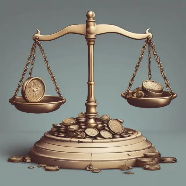 A balance scale with coins representing sinking funds on one side, a pile of coins for lump sum payment, and interconnected gears symbolizing the refinancing process.