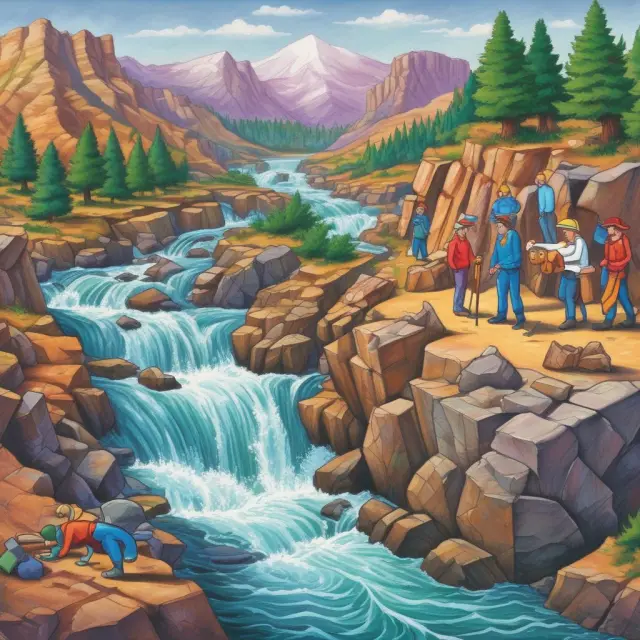 A river merging two streams symbolizing lean principles and Six Sigma, with teams paddling together to eliminate waste and defects