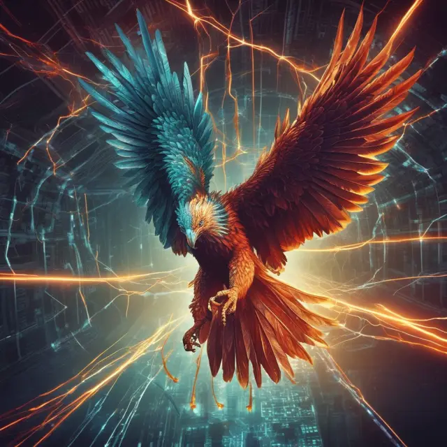 A digital Phoenix emerging from IT infrastructure ruins, symbolizing Microsoft