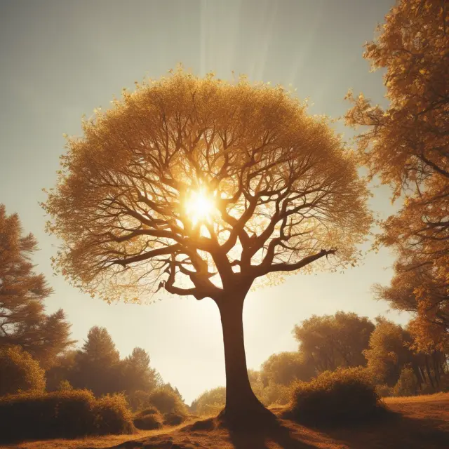 Golden tree symbolizing right-skewed financial distribution, longer tail of leaves representing potential extreme events