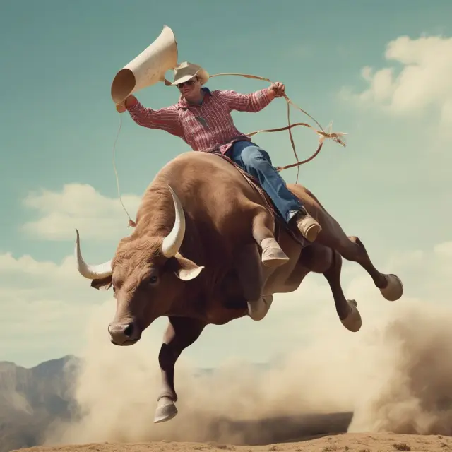 Bull symbolizing stock market riding a right-skewed bell curve, emphasizing the impact of skewness on market returns