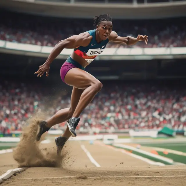 An Olympic long jumper soaring above a right-skewed distribution curve, symbolizing the presence of extreme values and natural variations in athletic performance