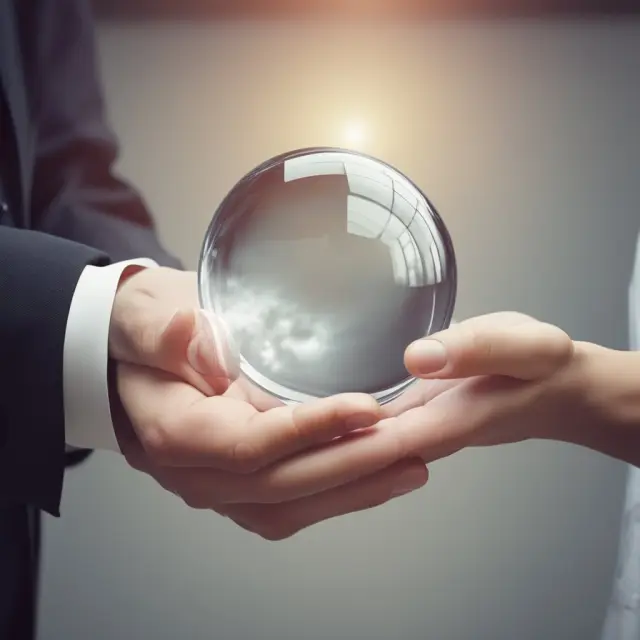 An insider presenting a crystal ball revealing their company holdings, symbolizing SEC